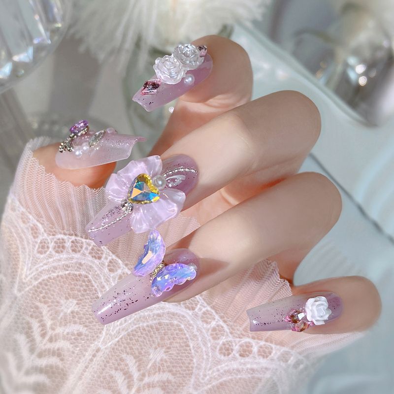 Neues handgefertigtes, versiegeltes Phototherapie-Produkt mit lila Schleife, falscher Nagelaufnäher, Blumennagel G21_voghion.com