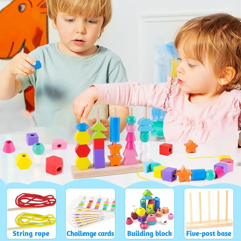 Montessori mediniai karoliukai, sekos žaislas, kaladėlės, raištelių karoliukai ir atitinkančių formų rišimo įrankis, Montessori mokymosi žaislai, dovanos_voghion.com