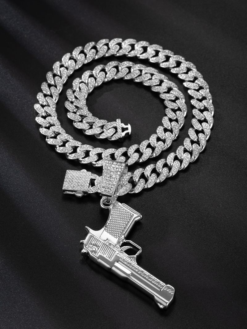 2024 Nowy stop inkrustowany diamentami kubański łańcuszek Klasyczny wisiorek pistoletowy Europejski i amerykański transgraniczny gorący hit hip-hopowy_voghion.com