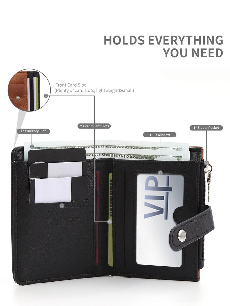 Cartera de mujer, cartera pequeña de cuero para mujer, tarjetero plegable compacto con bloqueo RFID para mujer, cartera de bolsillo para pasaporte con 4 ranuras para identificación_voghion.com