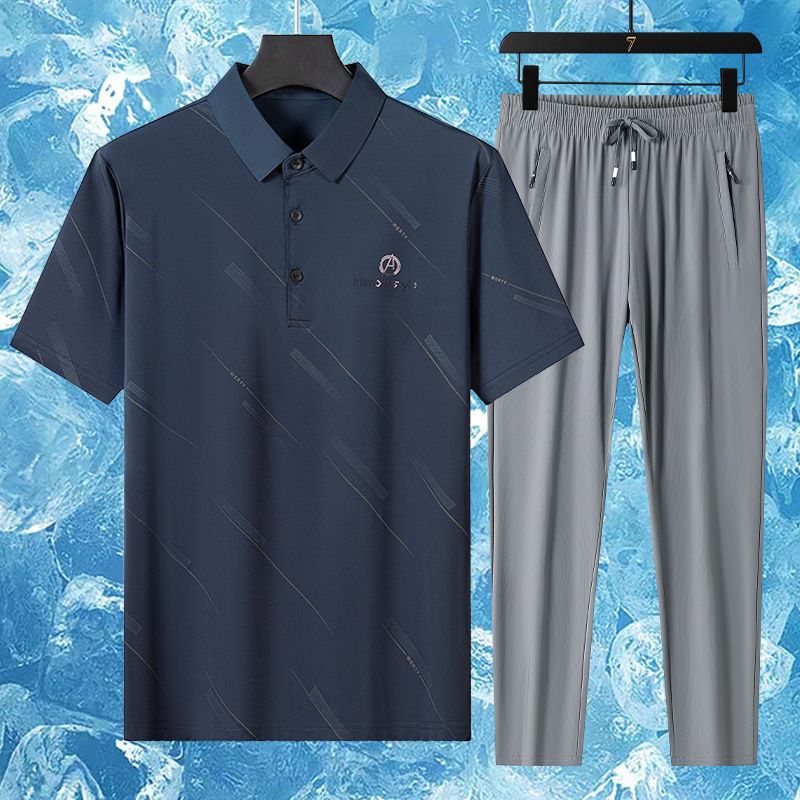 CT Hochwertiges Dad Ice Silk Set Kurzarm-T-Shirt mittleren Alters für ältere Herren, Freizeitkleidung für den Sommer_voghion.com