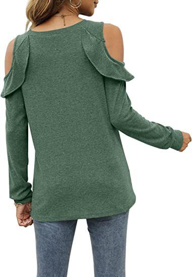Top oversize da donna in maglia con spalle scoperte e orlo arricciato - Maglione casual in morbido misto cotone per autunno inverno_voghion.com