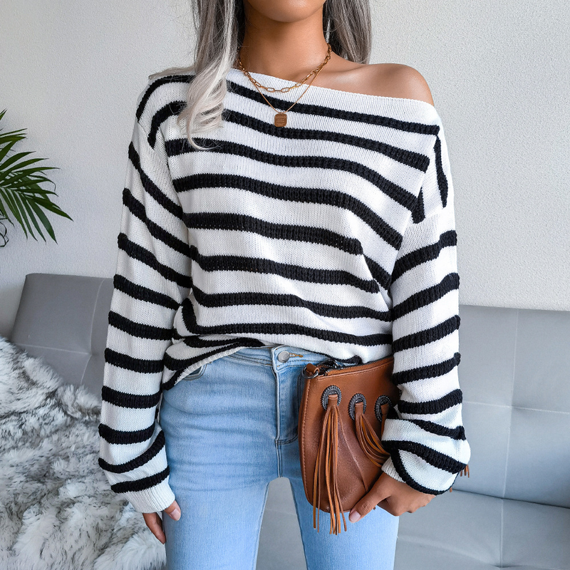 Autumn And Winter Off-Shoulder Casual Loose Striped Knitted Sweater Women's Fashion_voghion.com