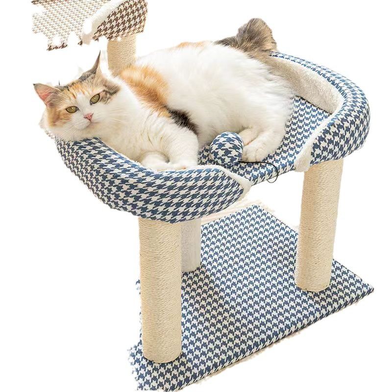 Tiragraffi per gatti con struttura pied de poule, integrato, salvaspazio, con palo in sisal per arrampicata_voghion.com