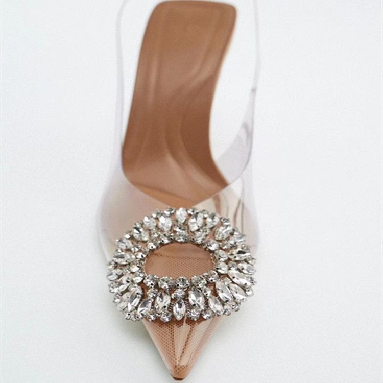 Sharp pointed fine heel plus size sandals summer new sunflower water drill buckle women s transparent high heels_voghion.com