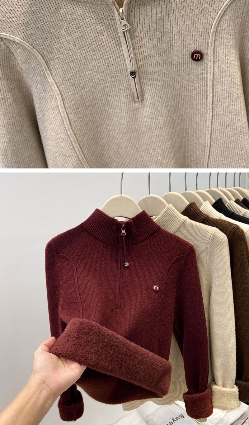 Women's High Neck Fleece Lined Knit Sweater - Cozy Winter Pullover With Half-Zip & Thickened Collar, Soft Viscose Fabric, Loose Fit Casual Top_voghion.com
