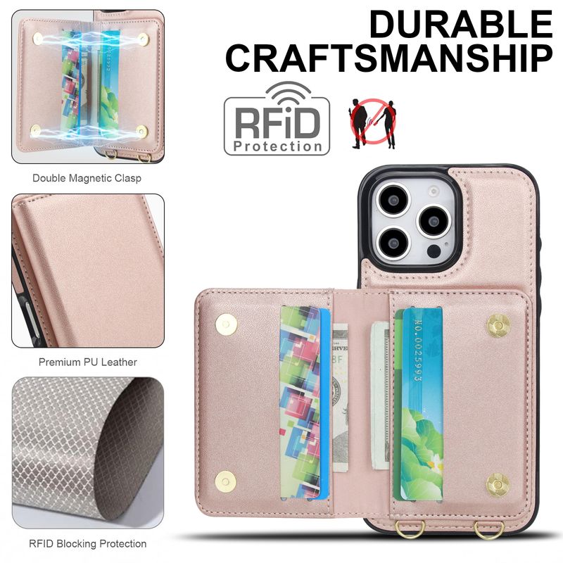 Custodia in pelle con chiusura magnetica per iPhone 16 Pro Max 14 15 Plus 13 12 11, porta carte con blocco RFID e tracolla._voghion.com