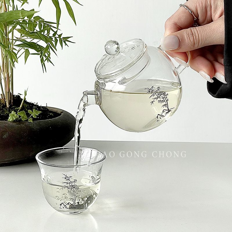 Théière en verre et bambou de style chinois, idéale pour la maison, théière saine et résistante à la chaleur avec filtre._voghion.com