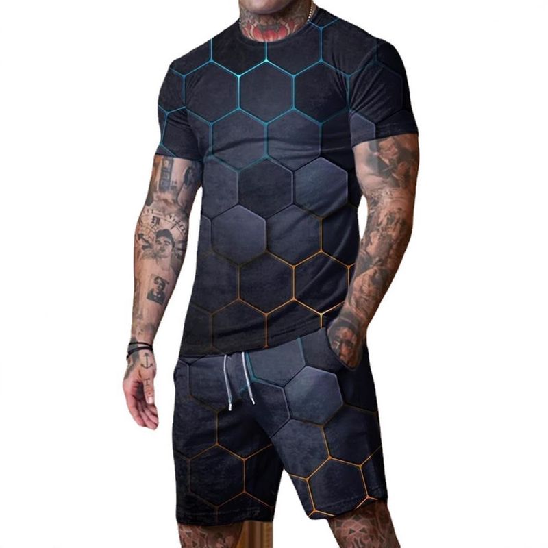 Ongeëvenaarde kwaliteit 2025 Zomer Heren Trendy Casual Strand Stijl Textuur 3D Digitaal Bedrukt T-shirt Shorts Set_voghion.com