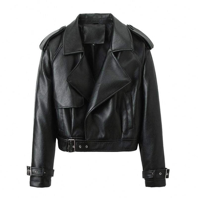 Giacca in pelle sintetica da donna alla moda - Vestibilità oversize, cintura in vita, stile streetwear (nero/bianco, S/M/L/XL)_voghion.com