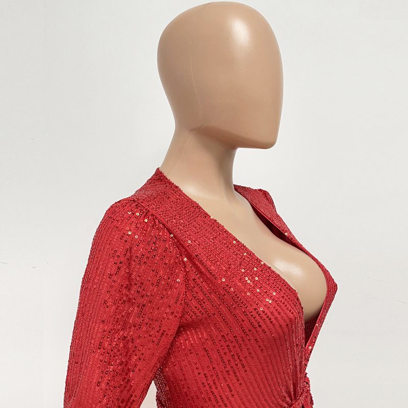 Damkläder Ins Style Deep V Mode Casual Jumpsuit Långärmat Bälte Paljett Jumpsuit Dam_voghion.com