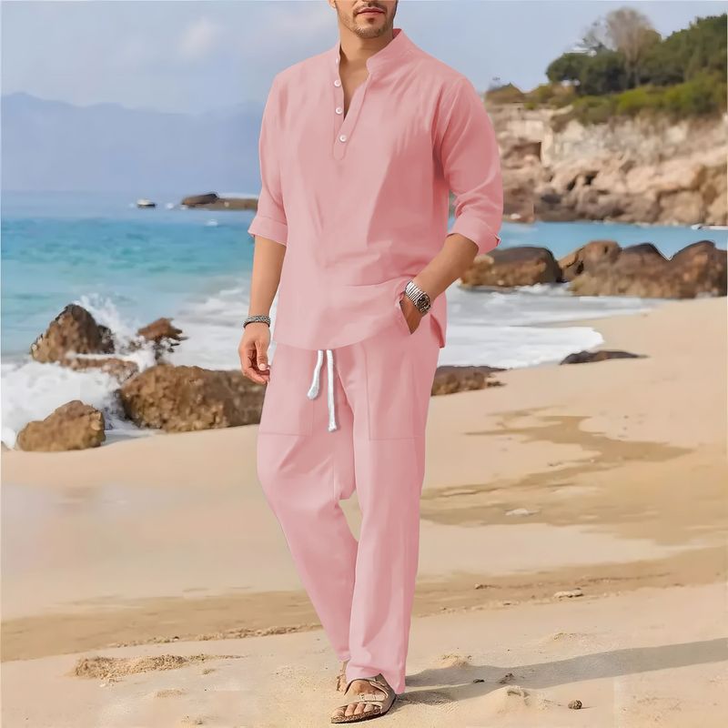 Completo da uomo in lino con camicia e pantaloni con colletto alla coreana, tessuto leggero e traspirante (bianco/grigio/nero/azzurro/rosa/kaki, S-XXL)_voghion.com