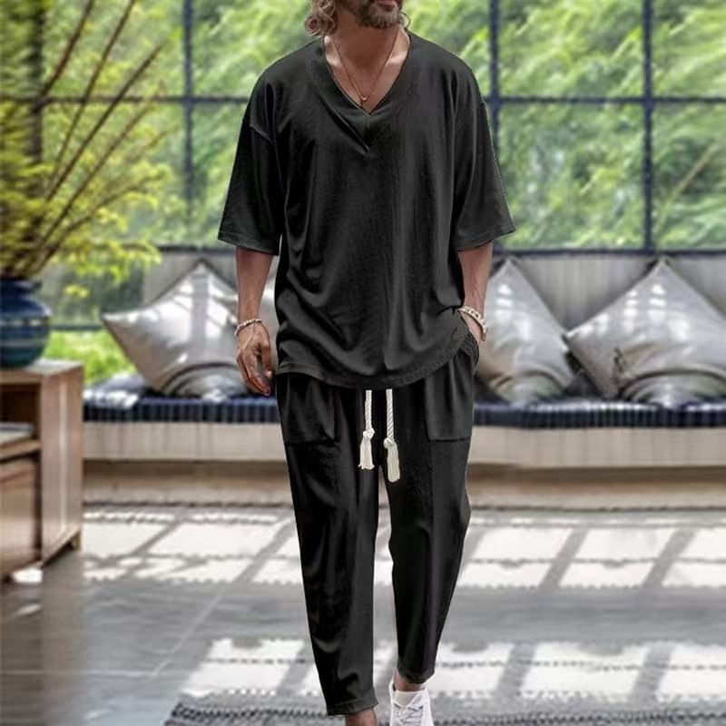 Men's Clothing Cotton And Linen V Neck T Shirt Casual Short Sleeved Trousers Beach Suit_voghion.com