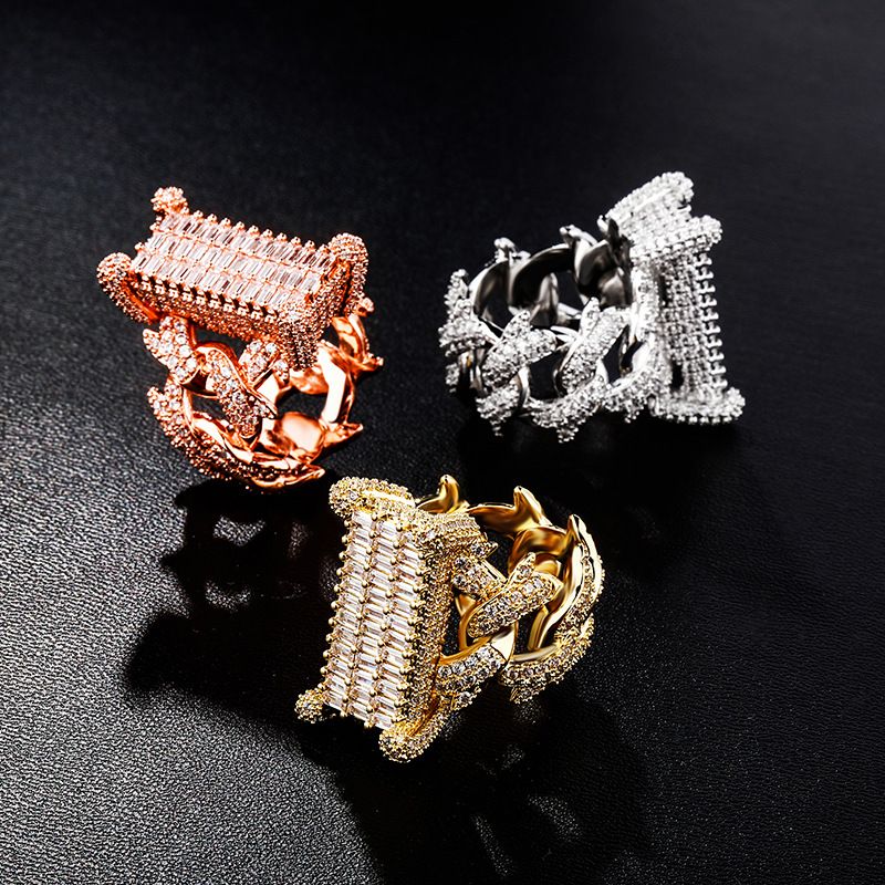 Anello alla moda da uomo Hip-Hop Jin Ao, nuovo, rettangolare, cubano, con zirconi._voghion.com