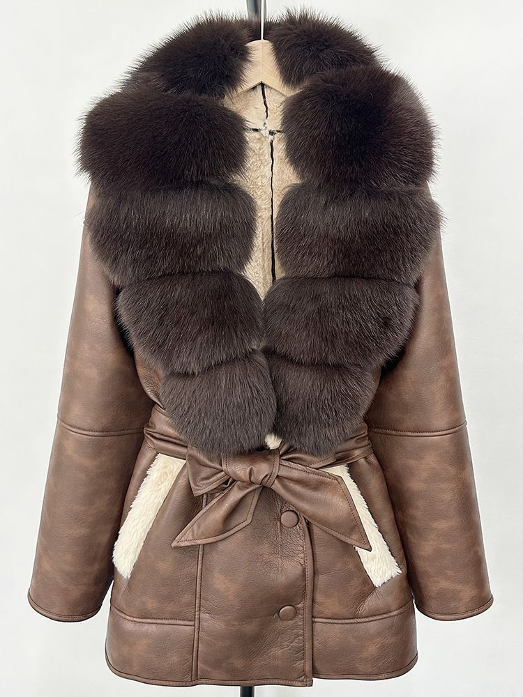 Trench di lusso in similpelle con finiture in pelliccia sintetica per donna – Vestibilità oversize con collo in pelliccia di volpe e cintura in vita_voghion.com