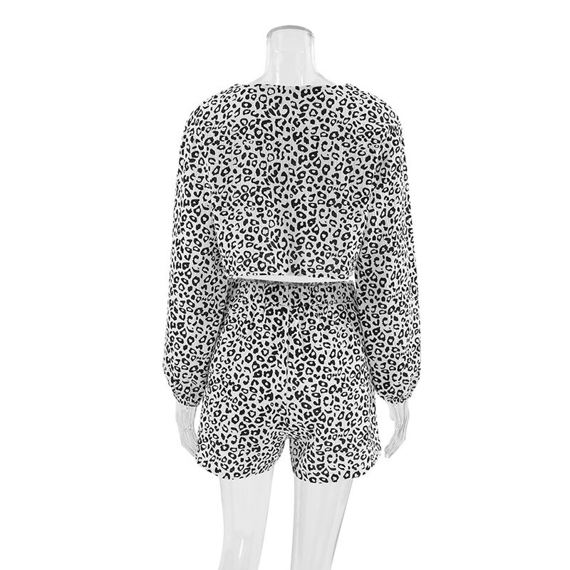 Pure Cotton Autumn New Long Sleeve Shorts Leopard Print Two-Piece Set Wearable Pajamas Homewear Women's Fashion_voghion.com