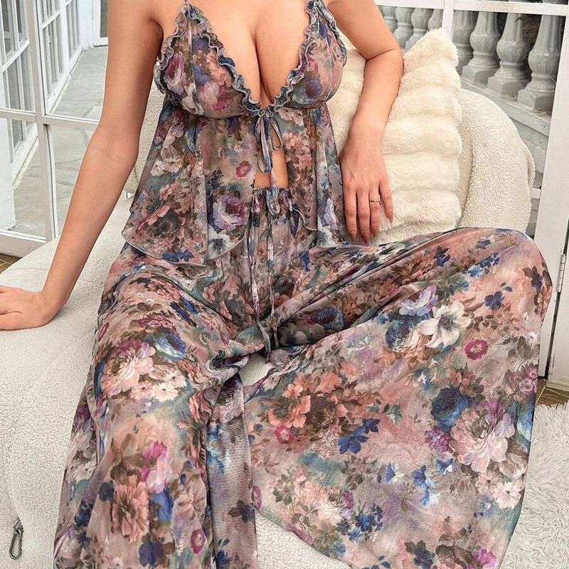 Plus Size Neues sexy High-End-Mesh-Camisole-Nachthemd mit Aufdruck für mollige Frauen, zweiteilig, schlankmachend und verführerisch_voghion.com