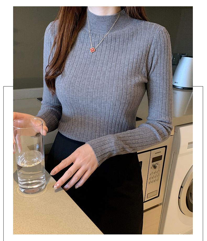 Autumn Winter New Women's Half-Polo Turtle Neck Knit Sweater Solid Color Base Layer Top Inner Outer Wear Stylish Medium Length_voghion.com