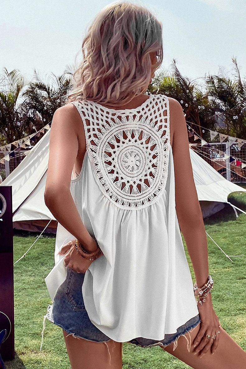 Camiseta sin mangas holgada con escote en V y encaje en la espalda para mujer, novedad de verano 2025_voghion.com