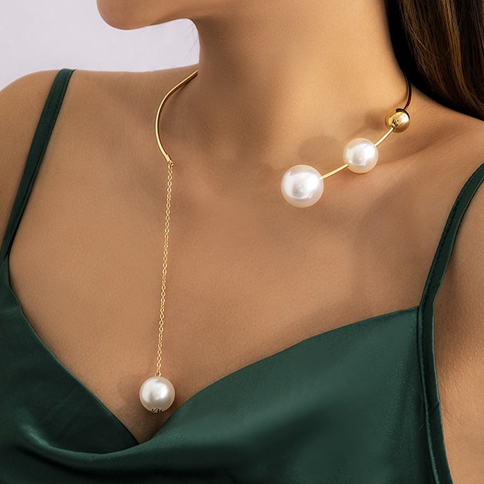 Collier de perles rondes minimaliste géométrique personnalisé avec design de niche, collier ouvert de style européen et américain_voghion.com