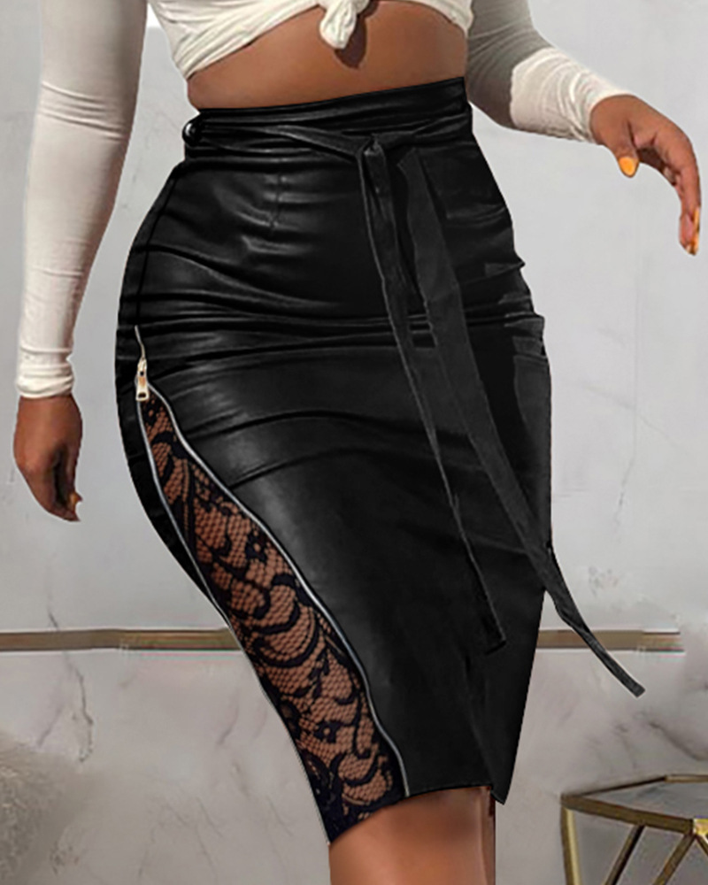 Gonna in pelle con spacchi sottili e pizzo con giunture sexy da donna_voghion.com