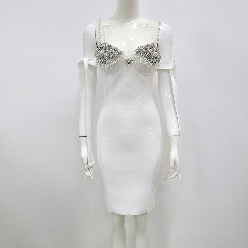 Abbigliamento da donna Stile caldo Perline con strass lucidi Abito con bretelle con fiocco Splendido abito dalla fasciatura_voghion.com