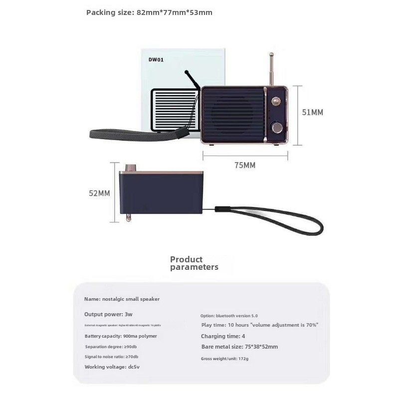 DW01 Retro Bluetooth-høyttaler Nostalgisk Mini Liten Audio TV Bærbare Gaver Mobil Subwoofer_voghion.com