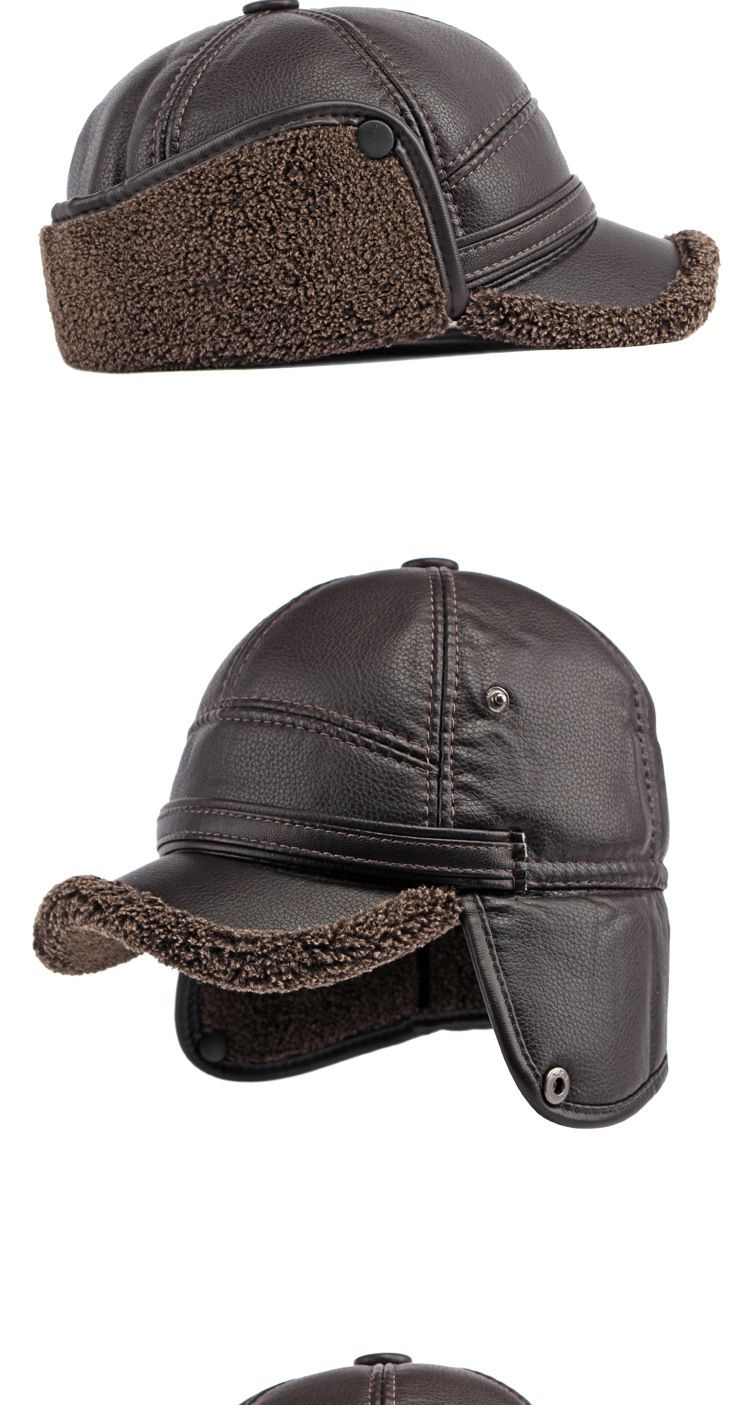 Hat men's winter ear protection neck warm in the elderly cap pu leather windproof cold velvet baseball cap_voghion.com