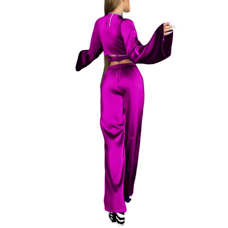Autumn solid color long-sleeved tops straight trousers casual suit two-piece set_voghion.com