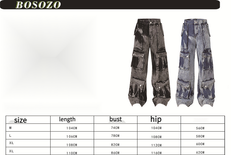 Calças de trabalho com bolsos grandes e design tie-dye americano para homens e mulheres, jeans de hip-hop de perna larga e corte solto_voghion.com
