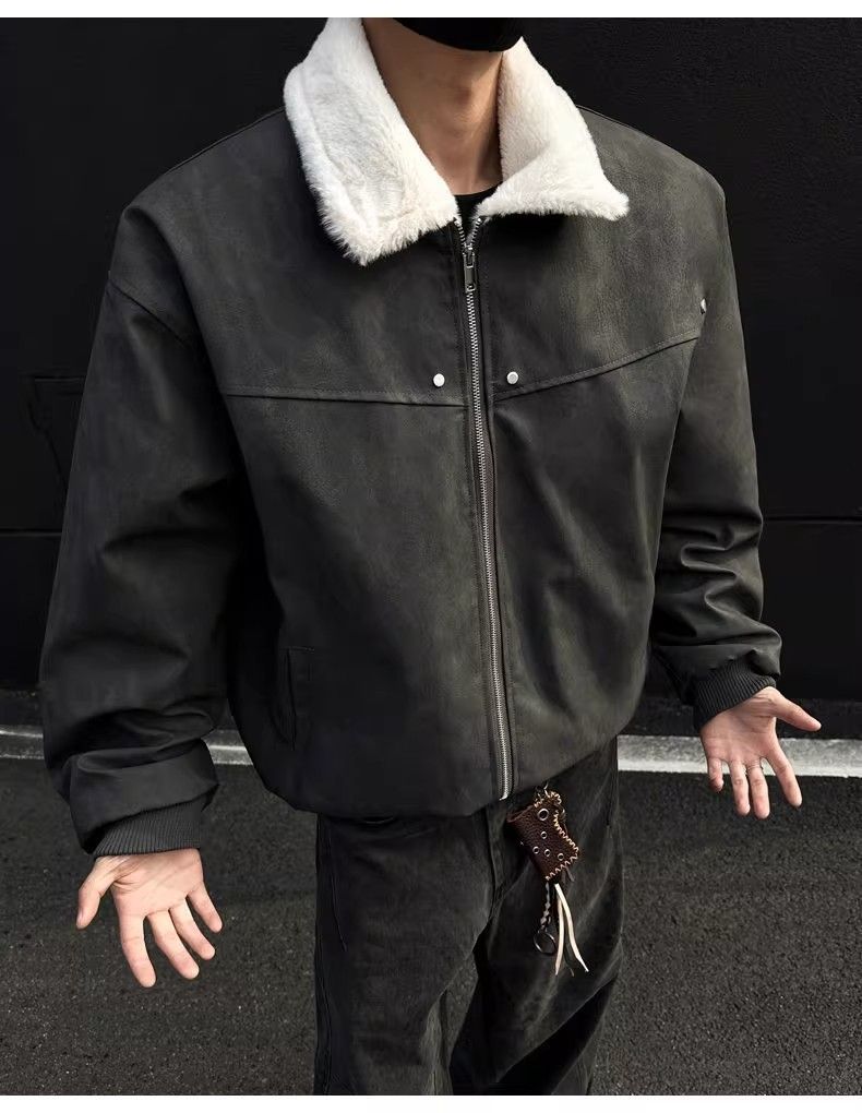 Men's Retro PU Leather Shearling Bomber Jacket, Thickened Short Puffer Coat With Stand-Up Collar, Maillard Style Vintage Aviator Jacket For Winter_voghion.com