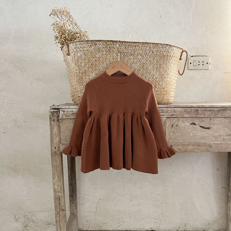 Kleinkind Mädchen Kleidung Baby Baumwolle Trompete Manschetten Wollkleid Säugling Frühling und Herbst Pullover Kleid_voghion.com