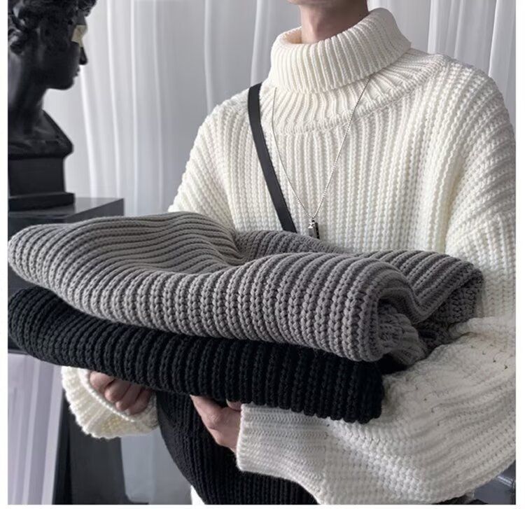 Thick Knit Turtleneck For Men, Autumn And Winter Solid Color Knitwear, Korean Lazy Style Couple Wool Sweater Coat_voghion.com