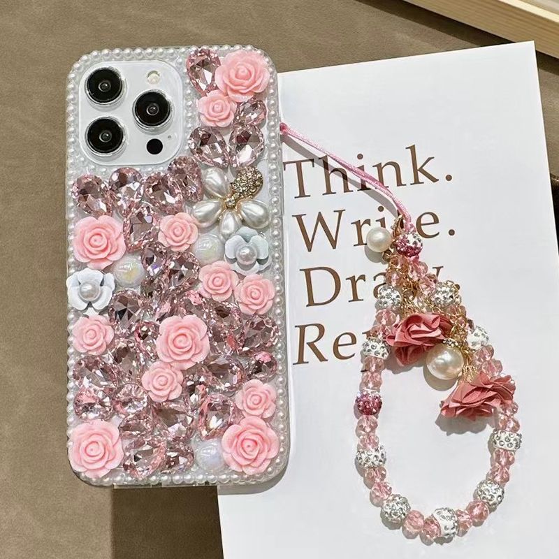 Luxus Glitter Rose Pearl Armband Hülle für iPhone 16 E 15 ProMax 14 Plus 13 MINI 12 11 X XR XS Max 7 8 Halbumwickelte Hülle_voghion.com