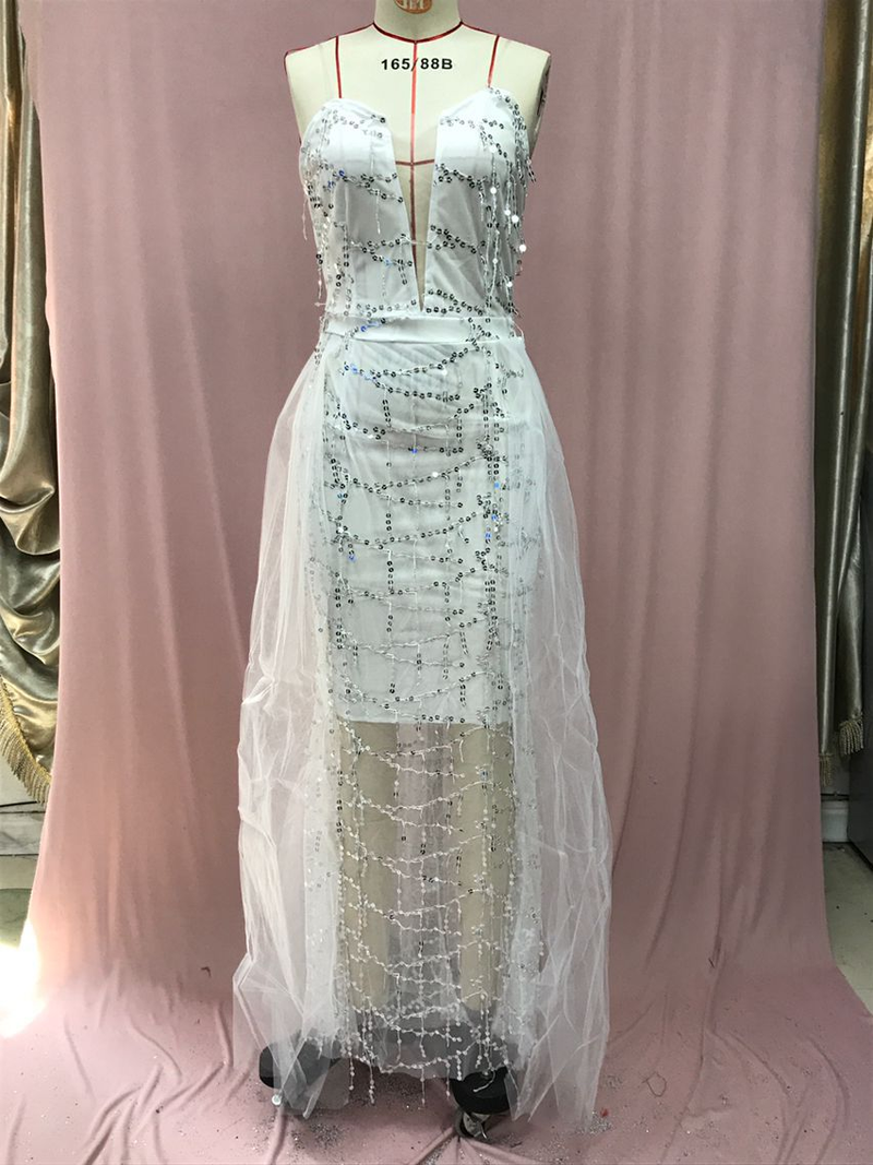 Elegantes Pailletten-Meerjungfrauen-Abendkleid für den Sommer – trägerlos, hohe Taille, langes Tüllkleid mit Spitzendetails (Silber – S bis XXL)_voghion.com
