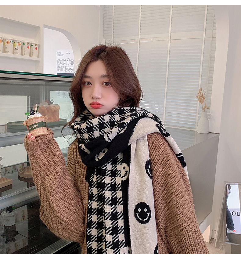 Smiling face sca, cute winter girl, Korean version, versatile Instagram trend, student knitted sweater, warm plaid_voghion.com