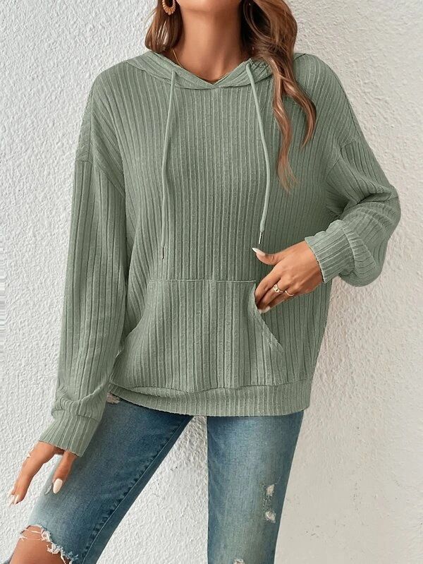 Felpa oversize con cappuccio da donna con tasca a marsupio - Pullover in maglia a righe e quadri, abbigliamento casual da strada, fodera in morbido pile misto cotone_voghion.com