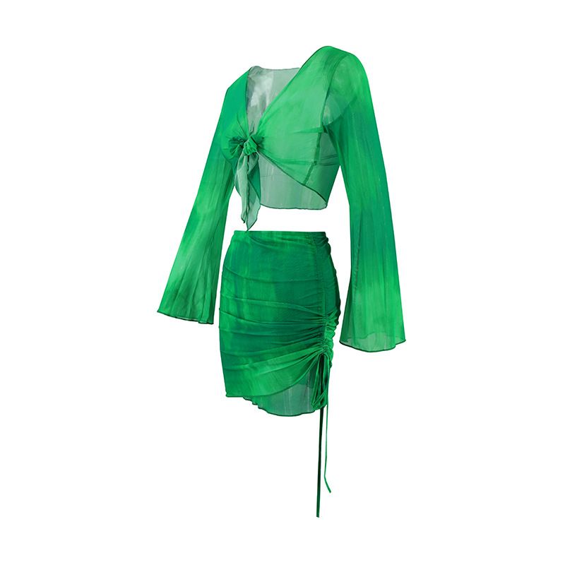 Sexy Two Piece Set Blue Tie Dye Mesh Crop Top Cardigan Mini Skirts Beach Wear Vacation Outfits Summer_voghion.com