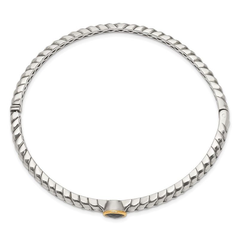 Shey Couture Sterling Silver With 14K Accent Antiqued Checkerboard-cut Black Onyx Hinged Bangle Bracelet_voghion.com
