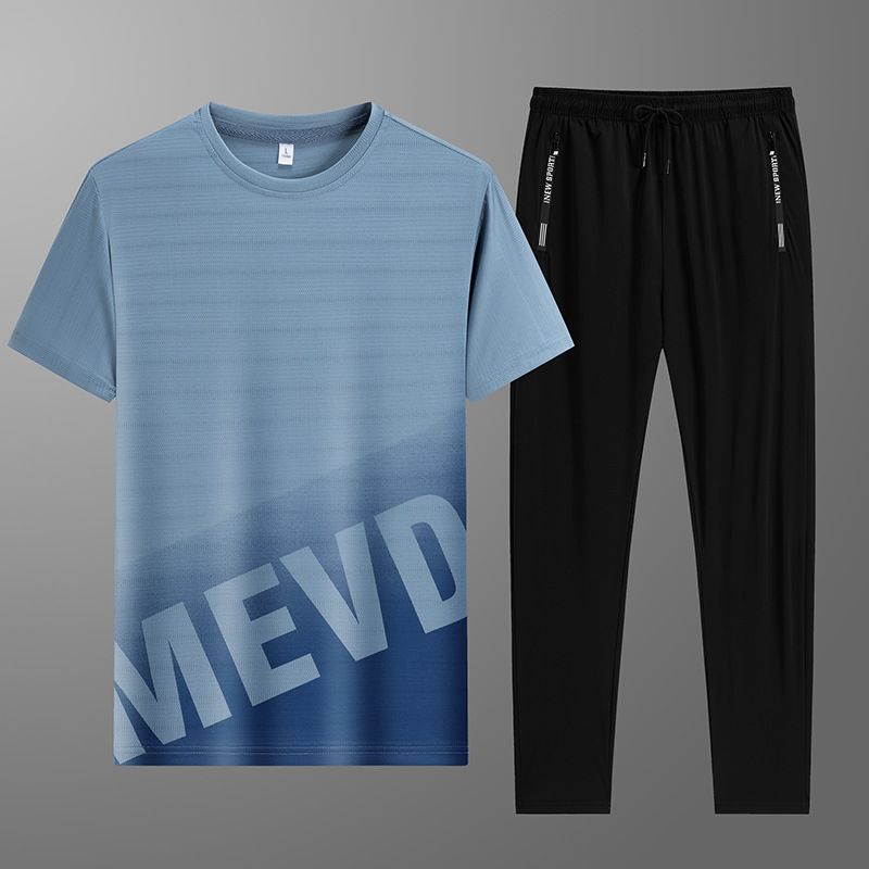 CT Summer Three-Piece Set Ice Silk Long Pants Casual Youth Sports Suit Men's Short Sleeve T-Shirt Shorts Trendy_voghion.com