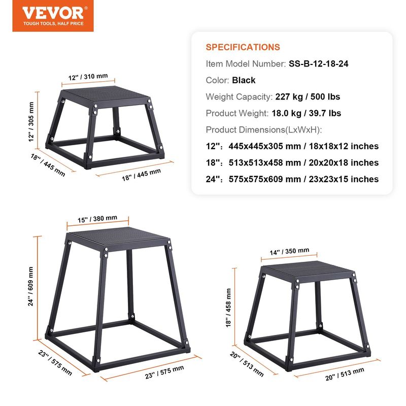 VEVOR Plyometric Jump Boxes, 12/18/24 Inch Plyo Box, Platform And Jumping Agility Box, Anti-Slip Fitness Exercise Step Up Box Set For Home Gym Training, Conditioning Strength Training, Black_voghion.com