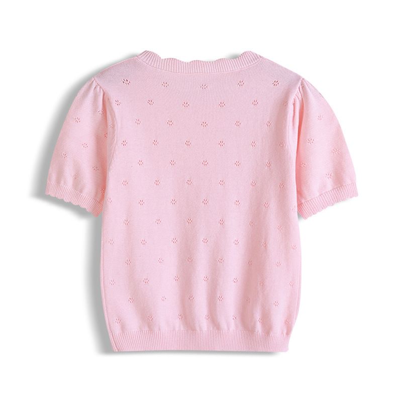 Maglietta estiva a maniche corte sottile e traspirante con scollo rotondo e fiocco traforato per bambini, modello A, all'ingrosso_voghion.com