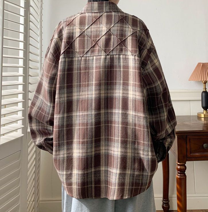 Camicia a quadri da uomo, primavera e autunno, casual, ampia, a maniche lunghe, per adolescenti, stile retrò, americana, giacca ampia_voghion.com