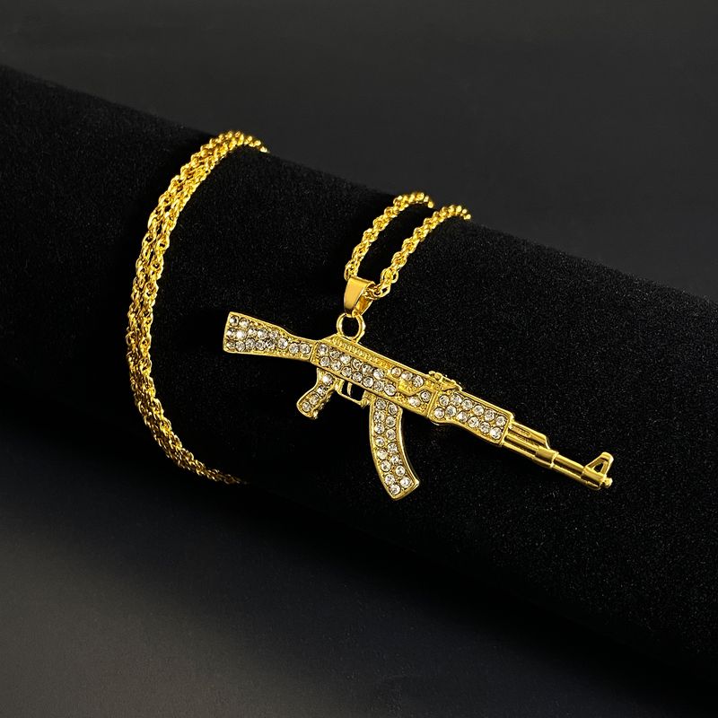 Punk hip hop full diamond submachine gun necklace creative personality gun AK pendant jewelry men and women_voghion.com