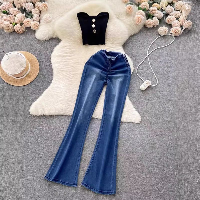 Hot Girl Style Dit jaar's Trend Mooie Sexy Strapless Top Veelzijdige Dim Flared Broek Mode Tweedelige Set Voor_voghion.com
