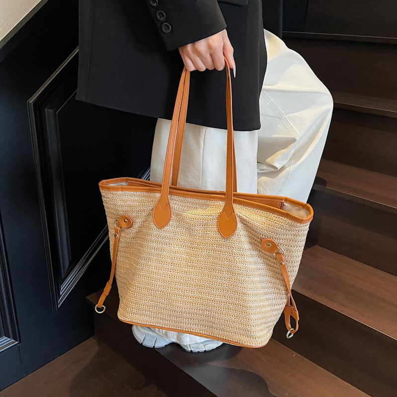 Borsa da spiaggia semplice alla moda, a tracolla singola, in paglia, grande capacità, per donna, estate 2025_voghion.com