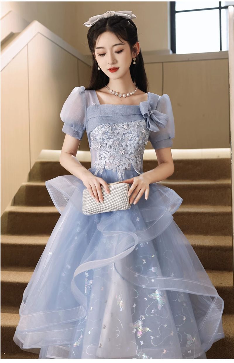 Elegante abito da cocktail blu a trapezio - Mini abito con maniche a sbuffo di ispirazione francese per feste e lauree (XS-XXXL)_voghion.com