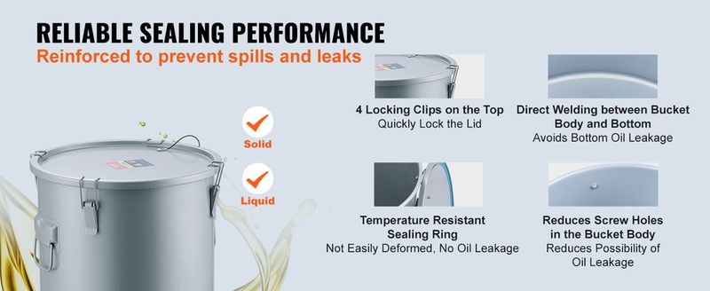 VEVOR Fryer Grease Bucket, 16 Gal Oil Disposal Caddy With Caster Base, Carbon Steel Rust-Proof Coating, Oil Transport Container With Lid, Lock Clips, Filter Bag For Hot Cooking Oil Filtering, Gray_voghion.com
