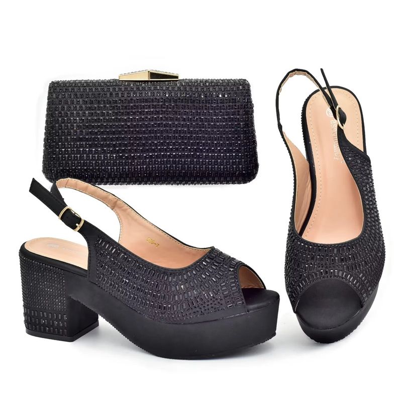 Set mit klobigen Sandalen mit Fischmaul, rundem Kopf und Schnürung hinten sowie Dinnertasche mit Diamanten_voghion.com