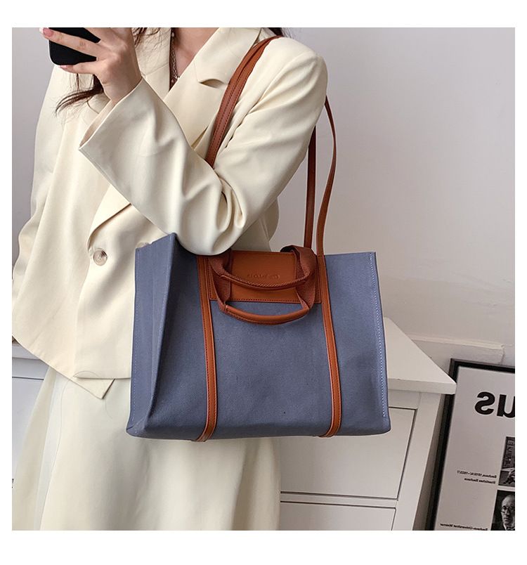 Borse tote da donna, semplici borse tote da donna con colori di tela a contrasto e tracolla singola di grande capacità._voghion.com